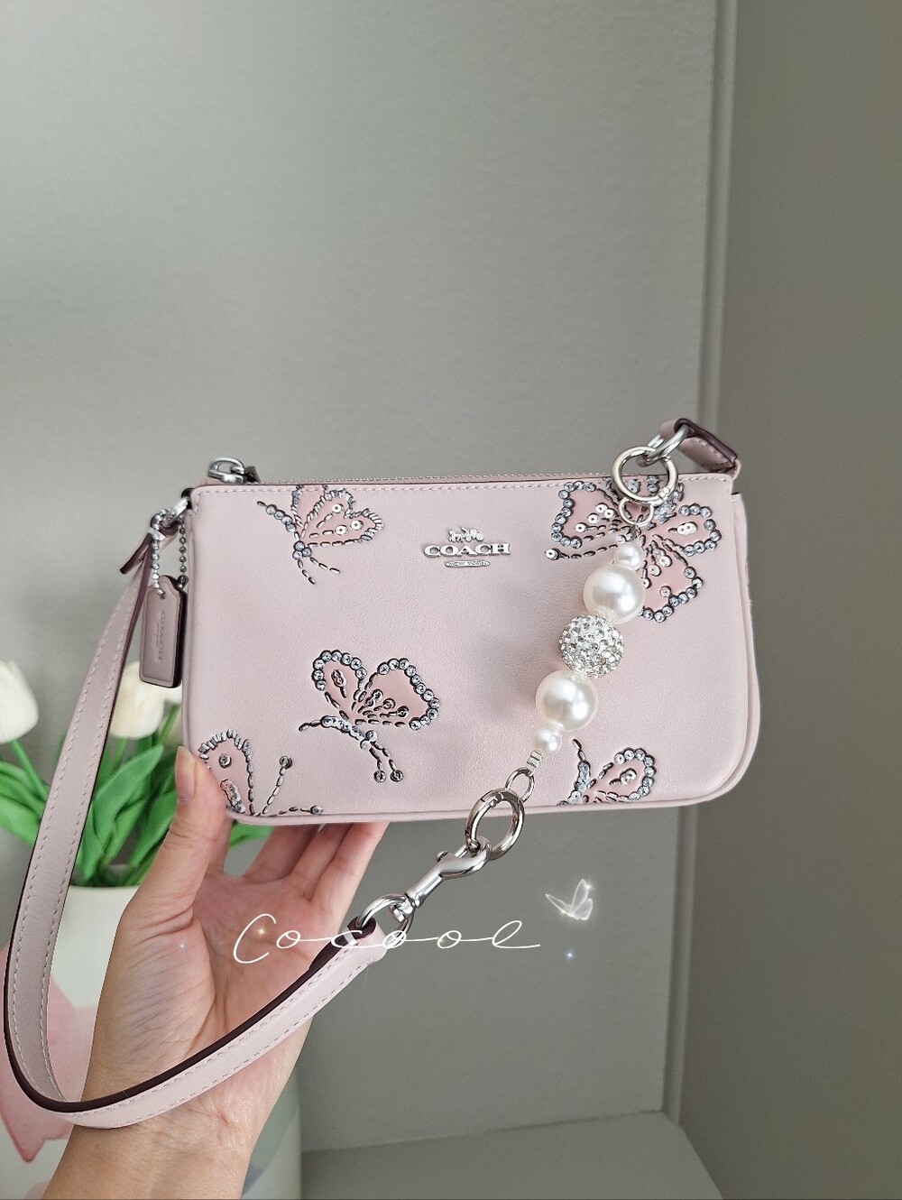 NWT Coach Nolita 19 With Sparkly Butterfly Print CCF58 Silver SEASHELL Multi